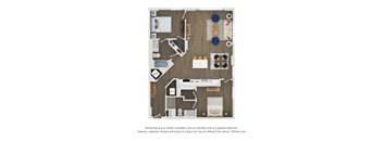A floor plan of a house with a kitchen, living room, and two bedrooms.
