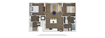 A floor plan of a house with a kitchen, living room, and two bedrooms.