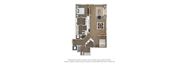 A floor plan of a house with a kitchen, living room, and two bedrooms.