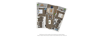 A floor plan of a house with a kitchen, living room, dining room, and two bedrooms.