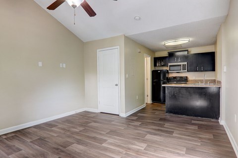 A kitchen with a black counter top and a white door.