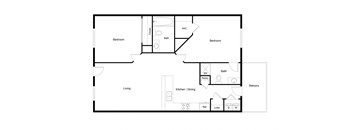 Two Bedroom Two Bathroom Floor Plan B1 866 SF