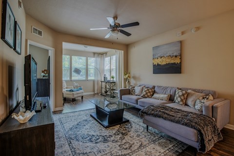 A living room with a grey couch and a black coffee table.