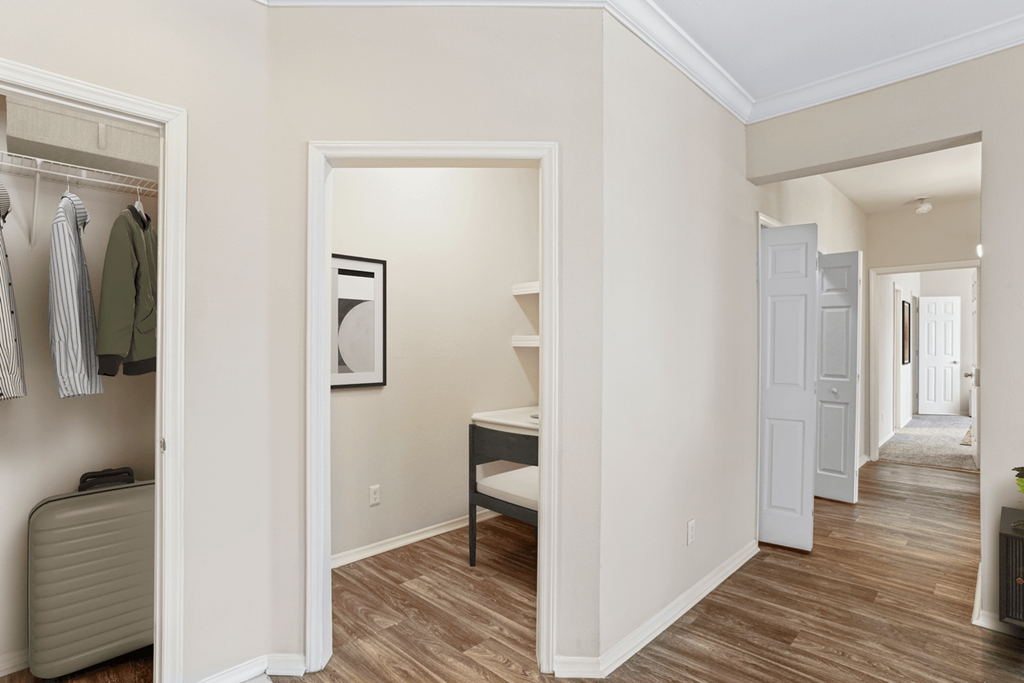 a bedroom with a desk and a closet