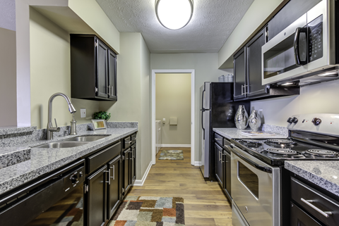 A kitchen with black appliances and cabinets.