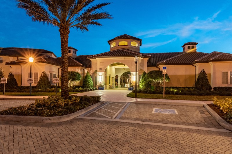 a mansion with a driveway and a palm tree at night