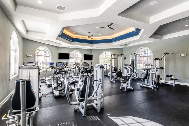 a gym with cardio machines and round windows