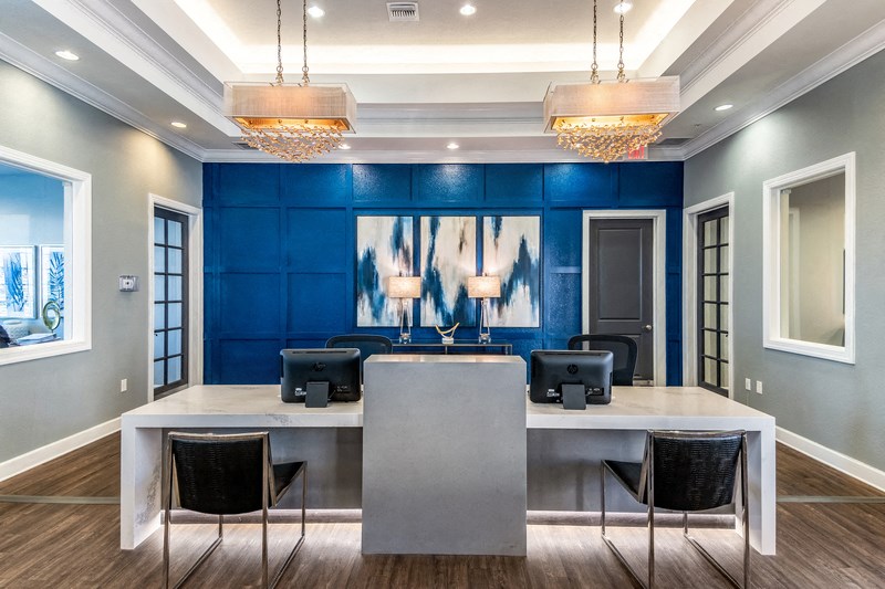 an office with blue walls and a large desk with chairs