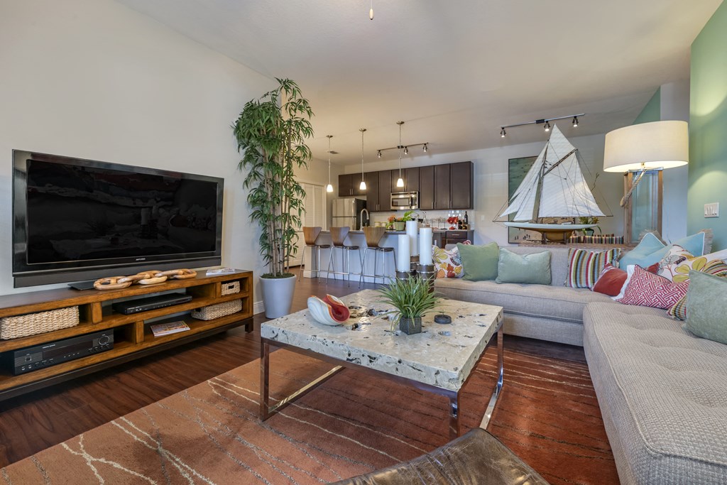 a living room with a couch and a coffee table and a television