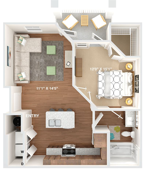 1 bedroom 1 bathroom floorplan 644sf