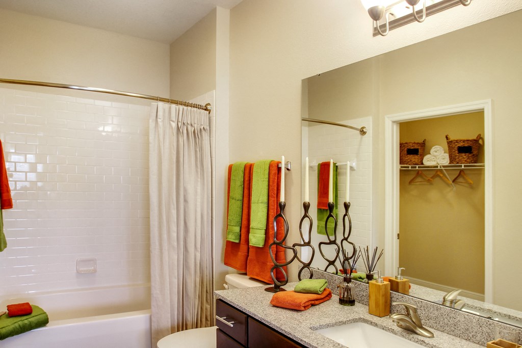 a bathroom with a shower and a sink and a mirror