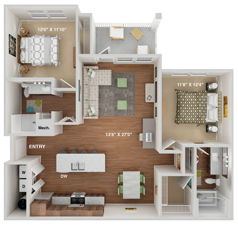 2 bedroom 2 bathroom floorplan 1086sf