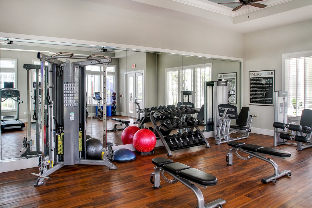 the gym has plenty of equipment and windows to the outside