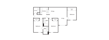 A floor plan of a house with a living room, dining room, kitchen, and three bedrooms.