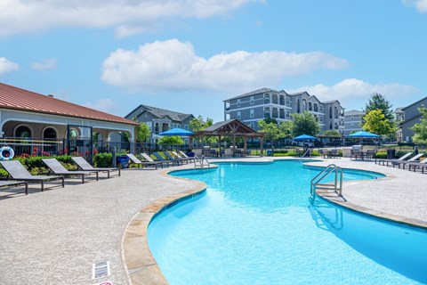 A large outdoor swimming pool surrounded by lounge chairs and umbrellas.