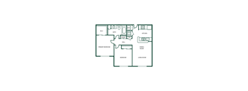A floor plan of a house with a living room, dining room, kitchen, two bedrooms, a bathroom, and a hall.