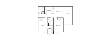 A floor plan of a house with two bedrooms, a bathroom, a kitchen, a dining room, and a laundry room.