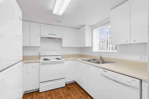 A white kitchen with a stove, sink, and cabinets.