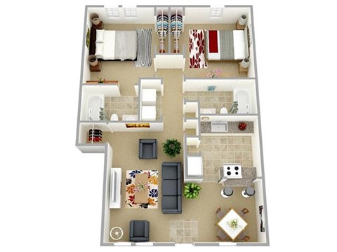 Two Bedroom Two Bath 956 Square Feet Floor Plan at Ocean Gate Apartments, Virginia Beach, 23454