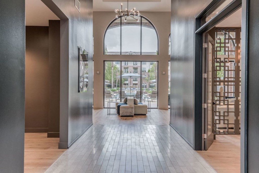 community lobby with large windows