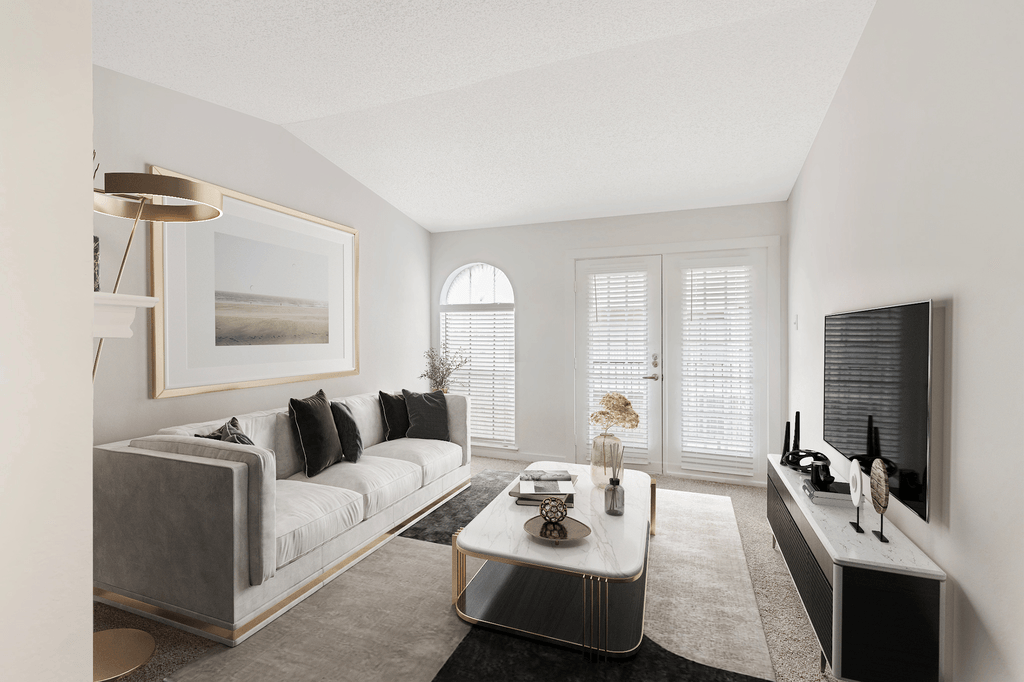 Virtually staged livingroom with carpet, accent rug, couch, coffee table, standing light, wall mounted television, doors and windows with blinds