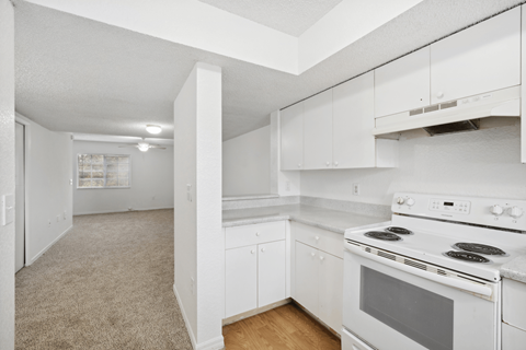 A white kitchen with a stove and cabinets.