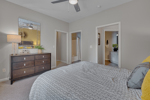 A bedroom with a patterned bedspread and a dresser with a mirror above it.