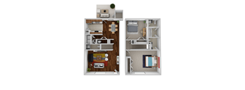 A floor plan of a two-bedroom apartment with a living room, kitchen, and bathroom.