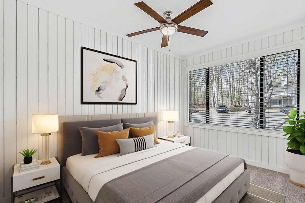 Bedroom With Ceiling Fan at Woodlyn on the Green Apartment Homes, Cary, NC