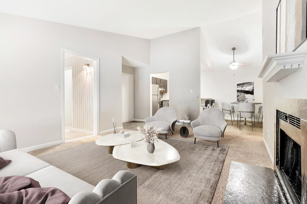 Living Room With Kitchen View at Woodlyn on the Green Apartment Homes, Cary, 27513