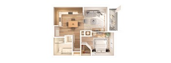 a stylized floor plan of a house with a bedroom and a living room