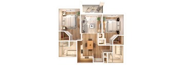 a 3d drawing of the interior of a 2 bedroom house