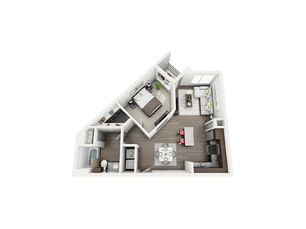 a stylized floor plan with a bedroom and a living room