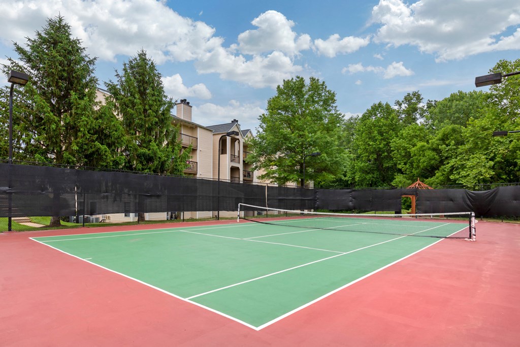 Tennis court with tree and building exteriors