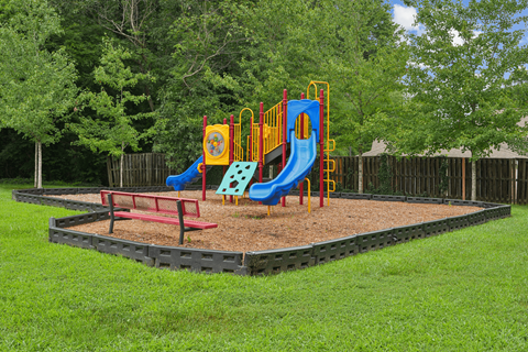 A playground with trees in the background