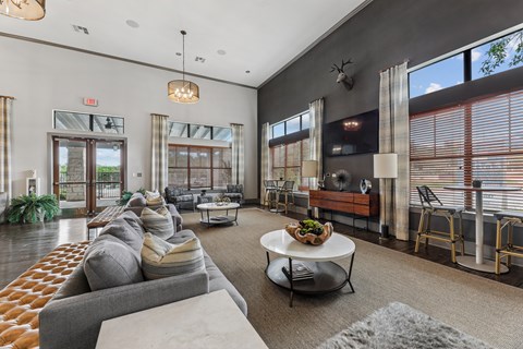 A living room with a grey sofa and a coffee table.