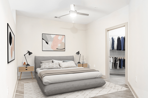 a bedroom with a bed and a closet