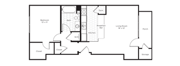 A floor plan of a house with a bedroom, living room, kitchen, and bathroom.