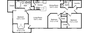 three bedroom floorplan of an apartment