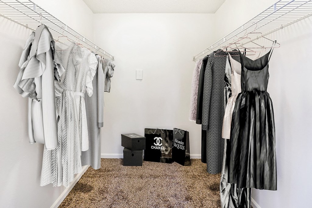 Spacious closet staged with black and grey clothes