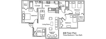 Three bedroom two bathroom floorplan