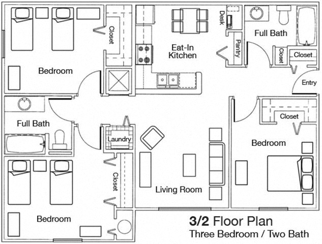Three Bedroom Two Bathroom Floor Plan