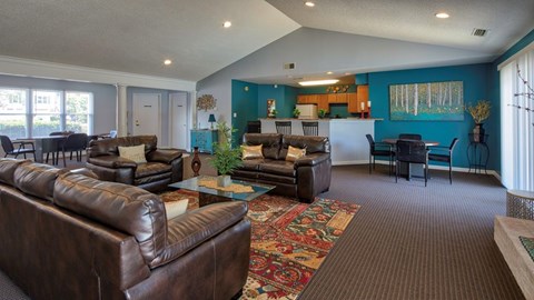 A living room with brown leather couches and a rug.