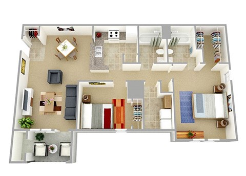 Two Bedroom Two Bath 988 sqft Floor Plan at Crestview Apartments, Fredericksburg