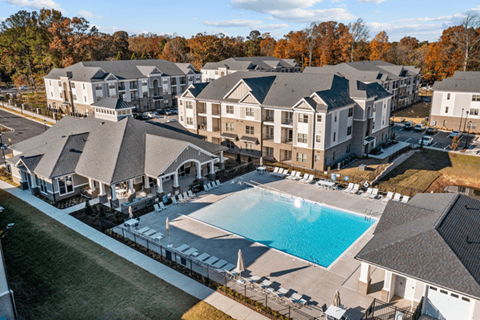 Aerial view of the swimming pool and buildings