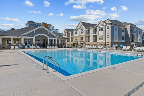 Swimming pool with large tanning deck and native surround landscape