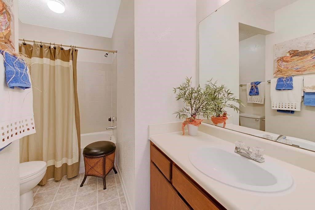 A bathroom with a toilet, a sink, and a mirror at Fox Hollow Apartment Homes, North Carolina