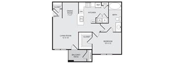A black and white floor plan of a house with a living room, dining room, kitchen, and bedroom.