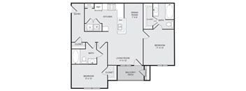 A black and white image of a house plan with a living room, dining room, kitchen, and two bedrooms.
