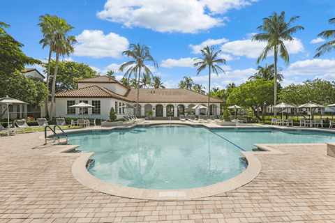 a large swimming pool with palm trees in the background